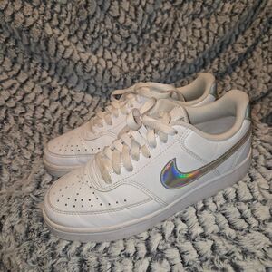 Nike White Low-Top Sneakers with Holographic Swoosh